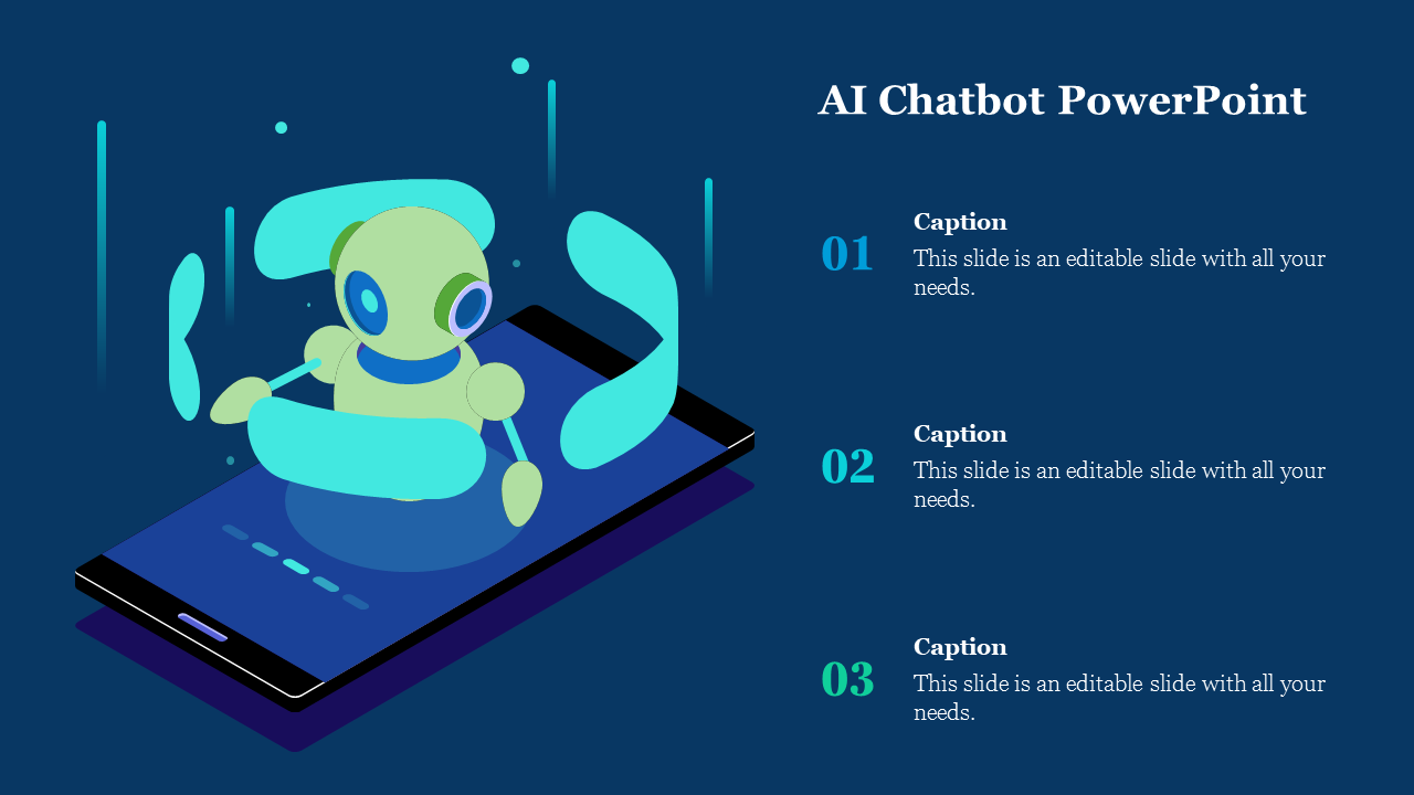 Animated AI chatbot emerging from a phone, set against a dark blue background with three text captions to the right.