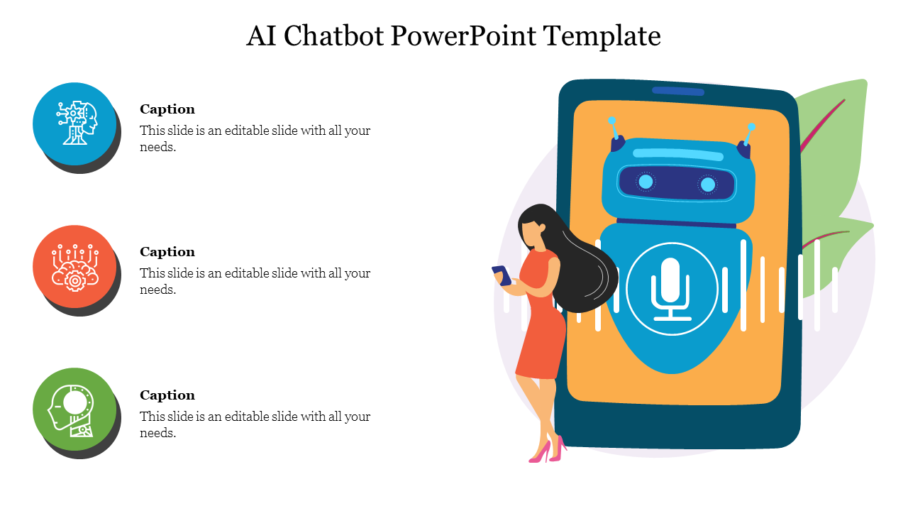 Illustration of a woman stands beside a large phone with a blue chatbot icon, and three colorful circles with captions.