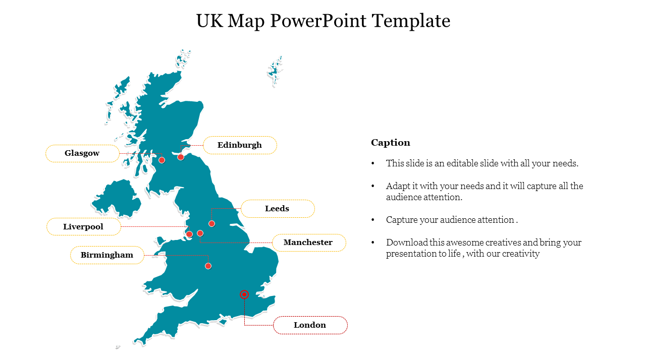 Map of the UK in teal with labeled cities marked with red circles linked to yellow text boxes and caption on the right.