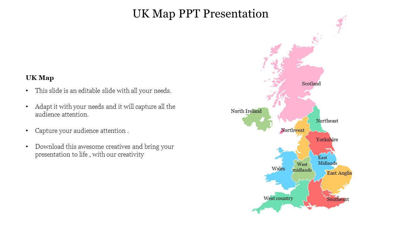 Map of the UK with color-coded regions and text on the left side, displayed on a white background.