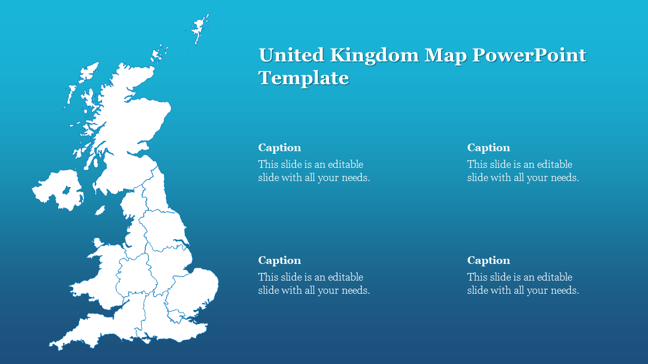 Slide featuring a detailed map of the United Kingdom in white, with placeholders text areas on a blue background.