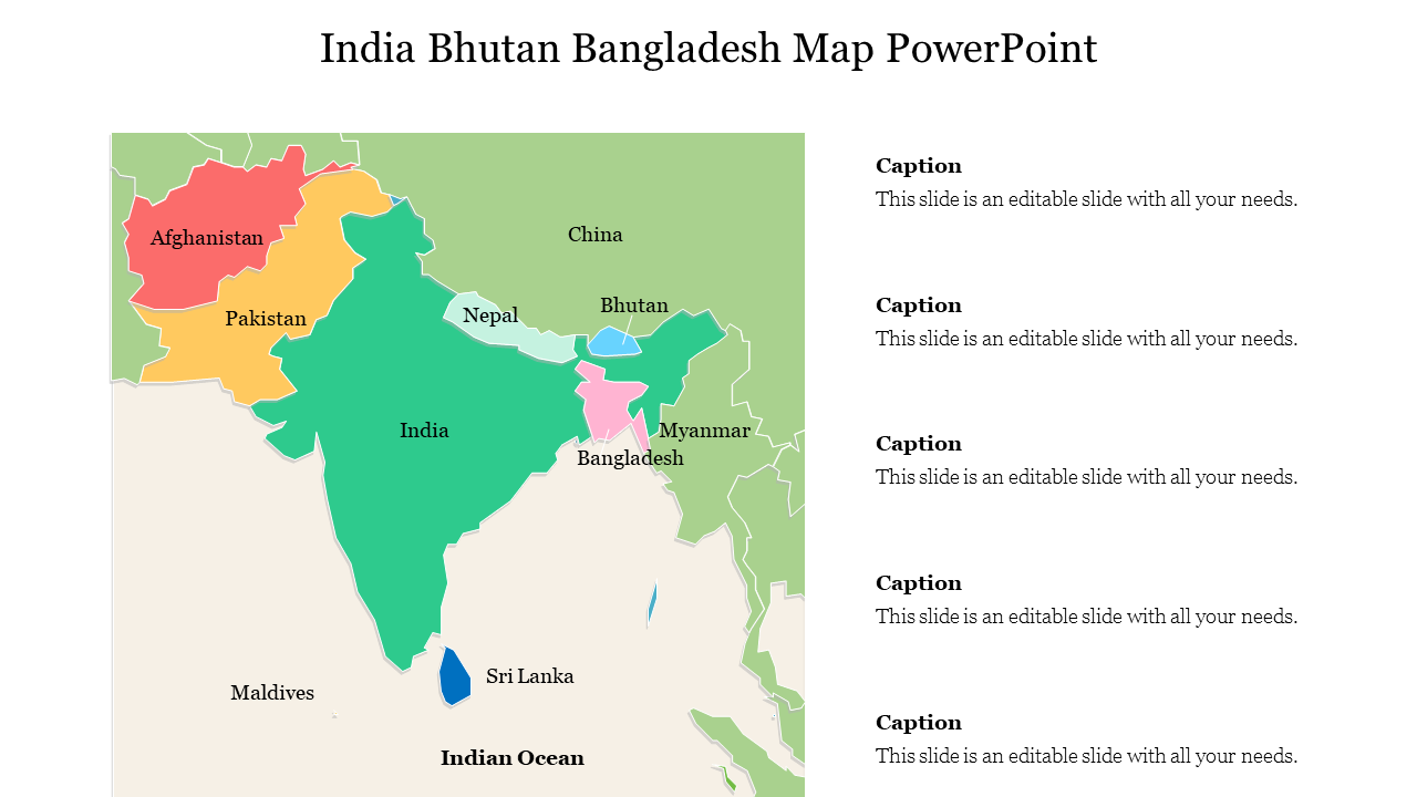 Color-coded map highlighting India, Bhutan, Bangladesh, and surrounding countries with five caption areas.