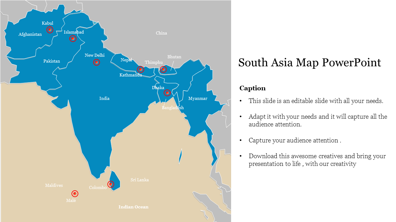 Colorful map of south asia slide highlighting key countries in a red marker and capitals with a caption text.