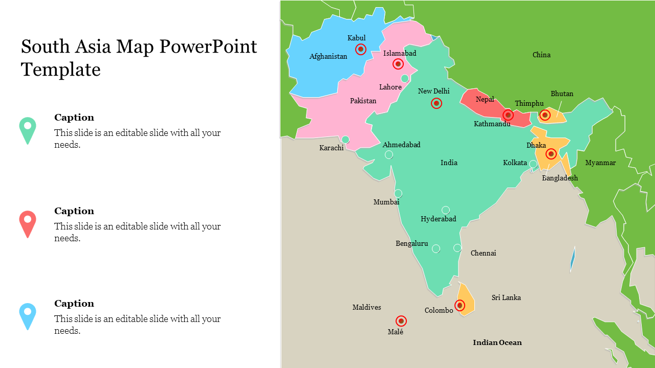 Map of South Asia with marked cities and capitals like New Delhi, Islamabad, and Dhaka, with three placeholders text.