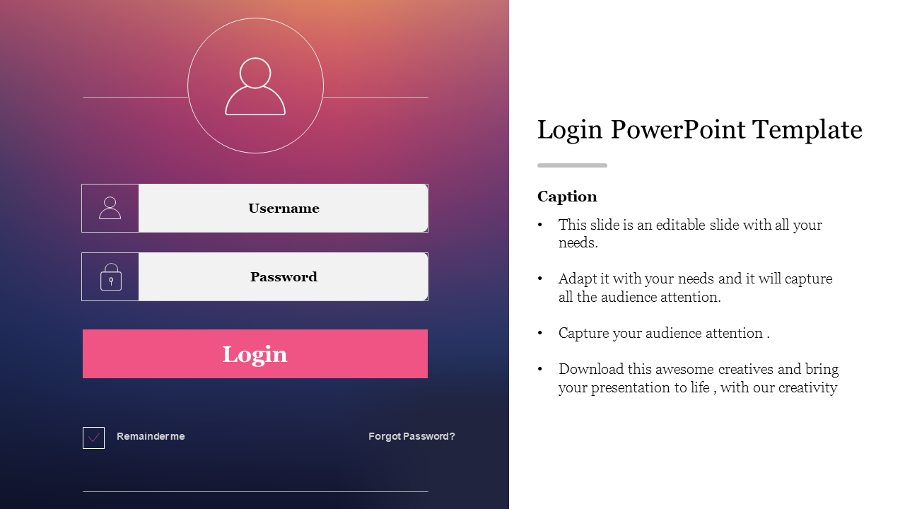 Login template with a gradient background, fields for username, password, and a pink button.