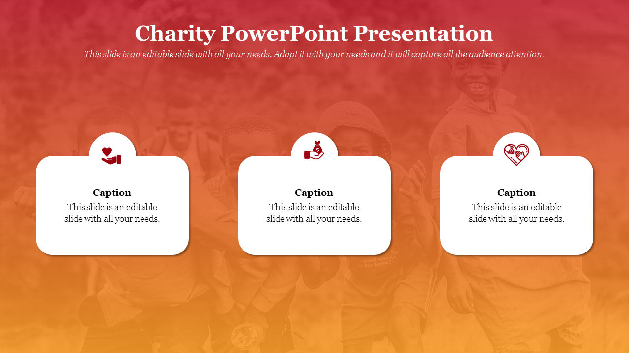 Charity design with a vibrant background, three sections, and bold icons placed with caption areas.