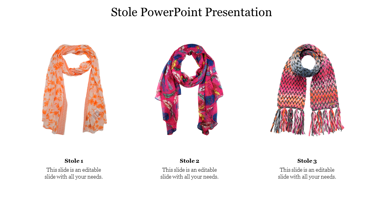 Slide featuring three stoles in orange floral, pink pattern, and multicolored knit with tassels, each with text below.