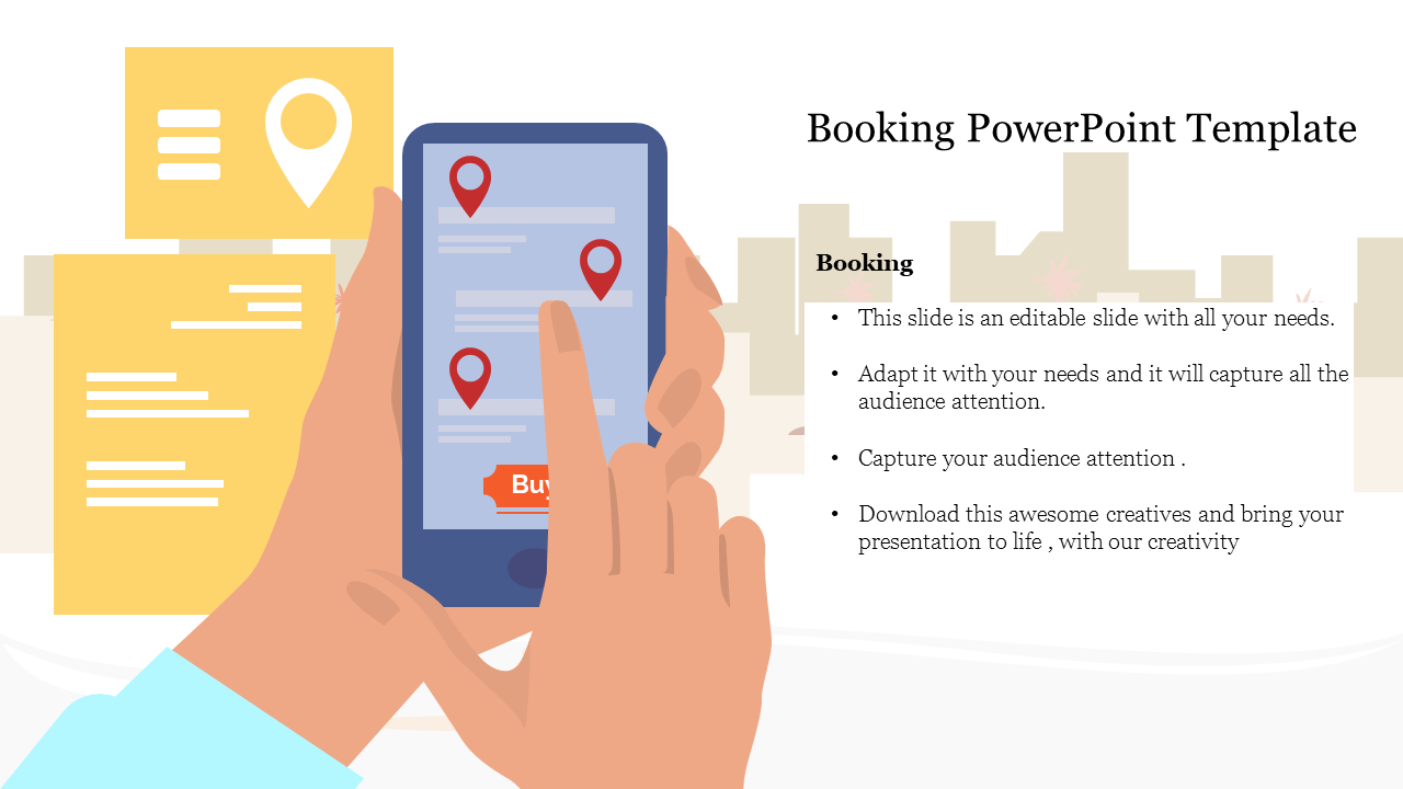 Booking slide featuring a hand using a smartphone app with location pins and a button, accompanied by text on the right.