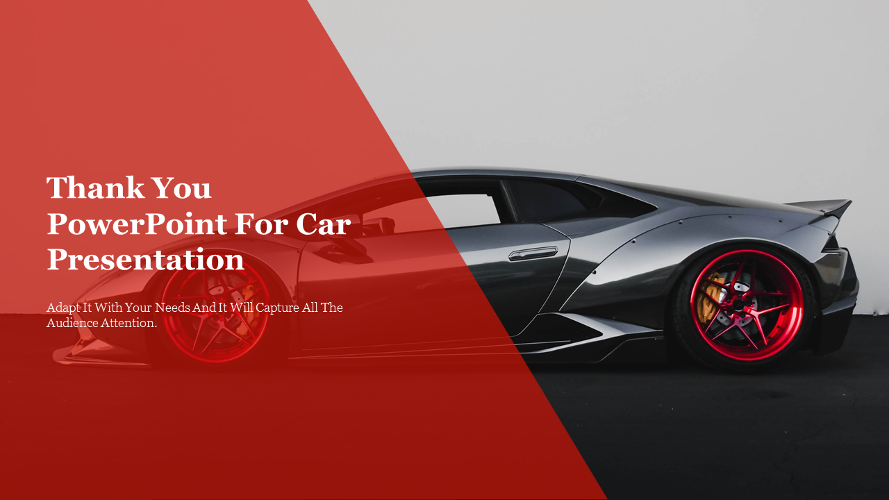 Thank you slide for car themed presentation, featuring a sleek sports car with red accents and a bold red overlay for text.