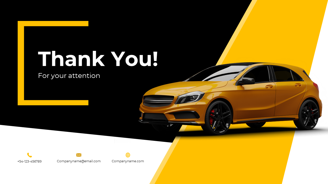 Stylish car on a diagonal yellow and black background, with thank you text on the left and contact info at the bottom.