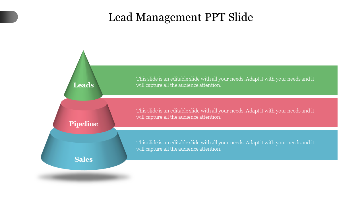 3D layered pyramid showing lead management stages with green, red, and blue sections, each with text boxes.