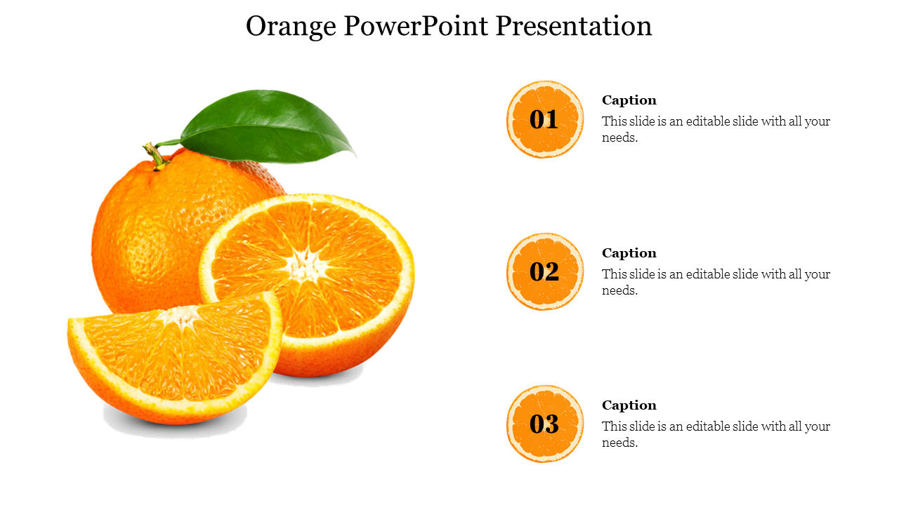 Orange-themed slide with an image of an orange, slices, and three circular caption areas.