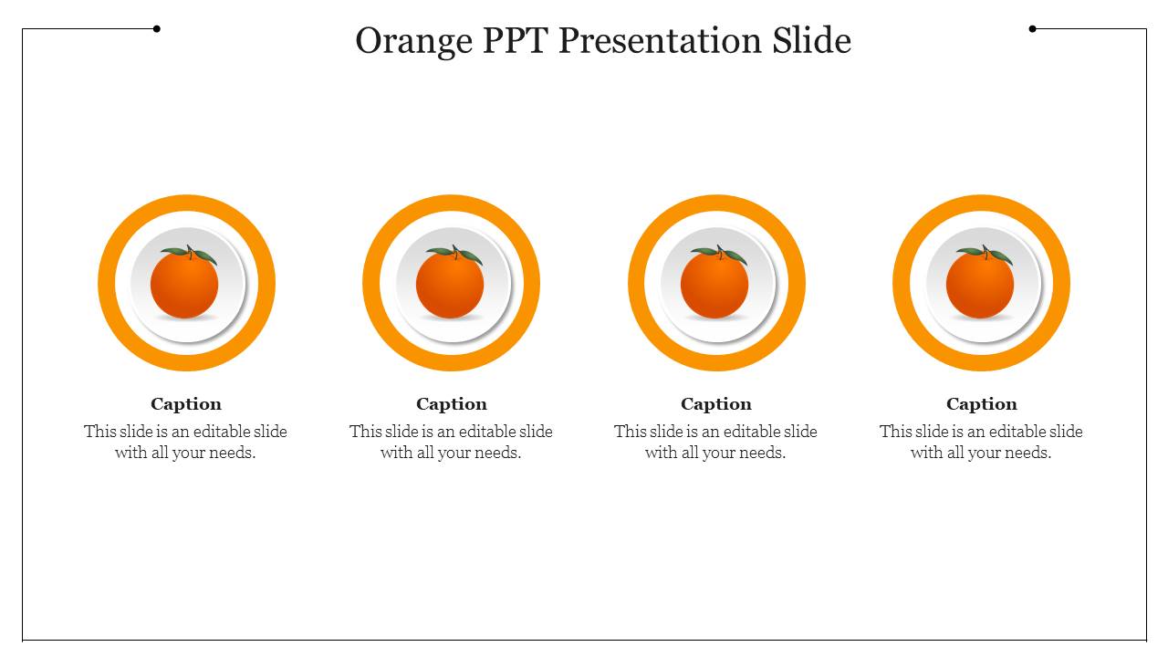 Four white plates with orange fruit illustrations in circular borders, with captions below.