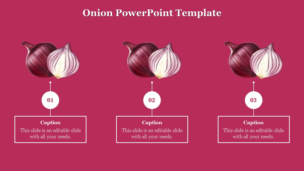 Three onions, each above a numbered circle and caption box, set against a pink background.