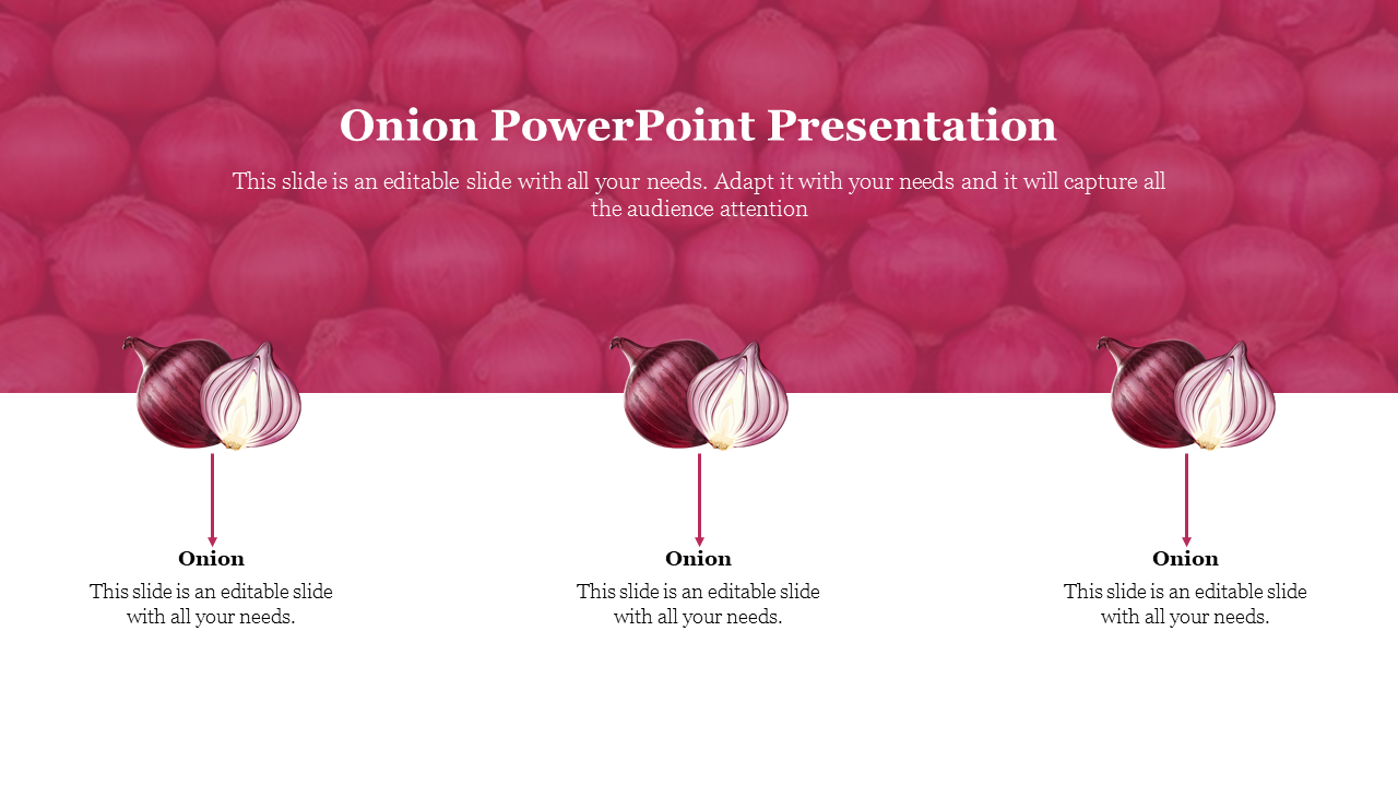 Slide features three onion illustrations, each labeled with text below, set against a vibrant pink themed background.