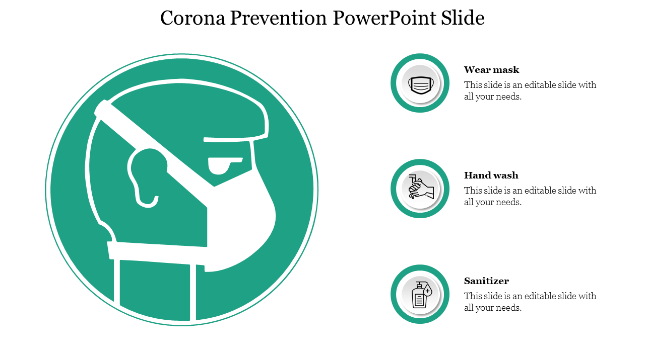 Corona prevention slide with a large green icon of a masked person and three circular icons and text on the right.