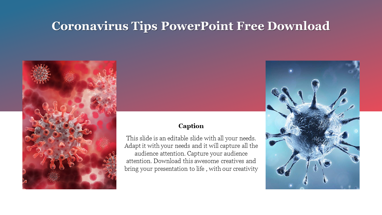 PowerPoint slide showcasing coronavirus tips with virus illustrations and a call to action to download with a caption.