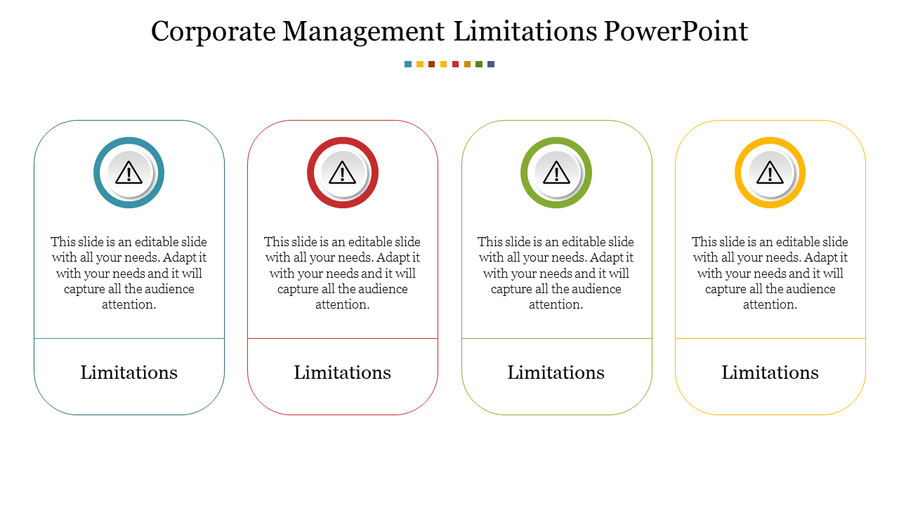 Corporate management slide featuring four sections for limitations, each with a color coded icon text.