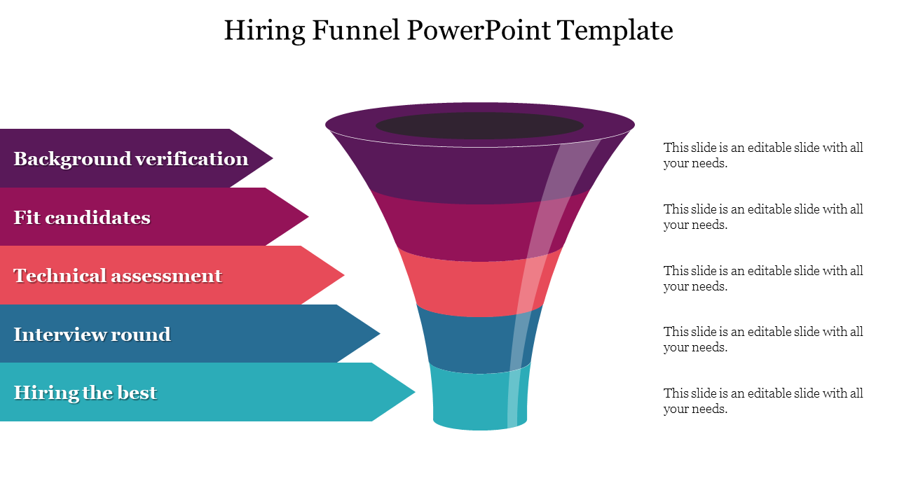 Layered funnel diagram in shades of purple, pink, orange, blue, and teal, illustrating the hiring process.