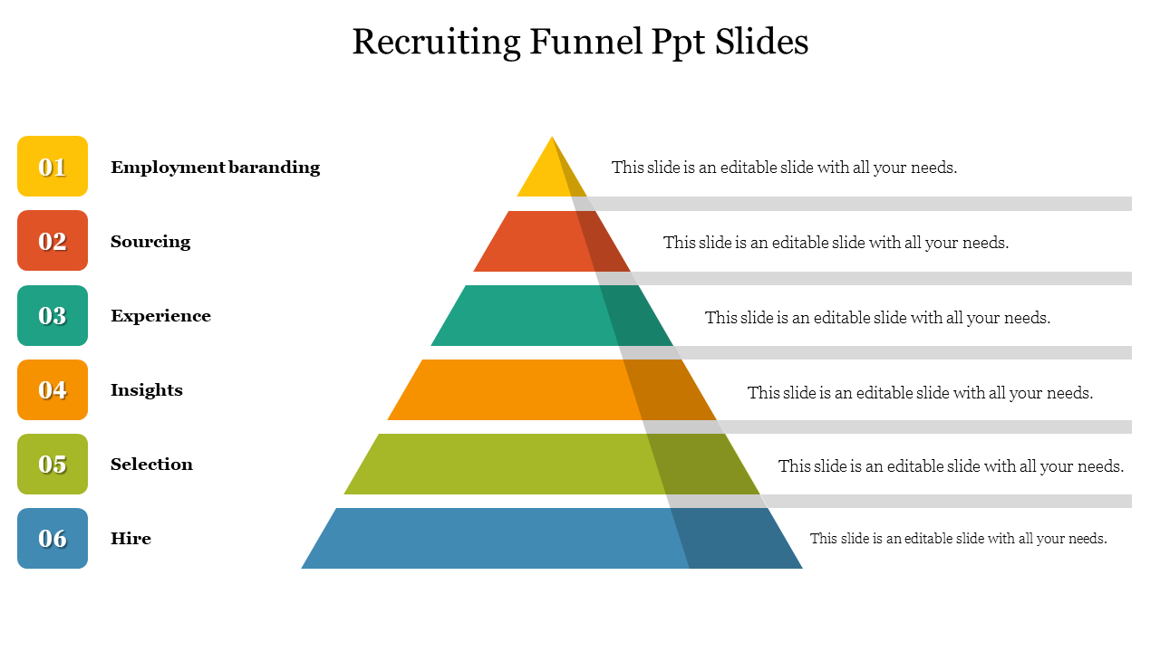 Recruiting colorful funnel slide with six stages from employment branding to hire with placeholder text.