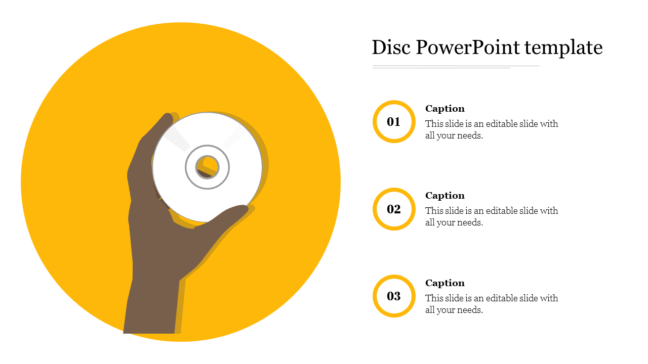 Illustration of a hand with a CD on a vibrant yellow circle, and three numbered text sections to the right.