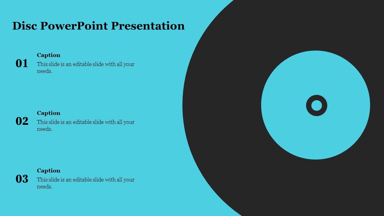 PowerPoint slide with a large disc icon on a bright blue background, featuring numbered captions.