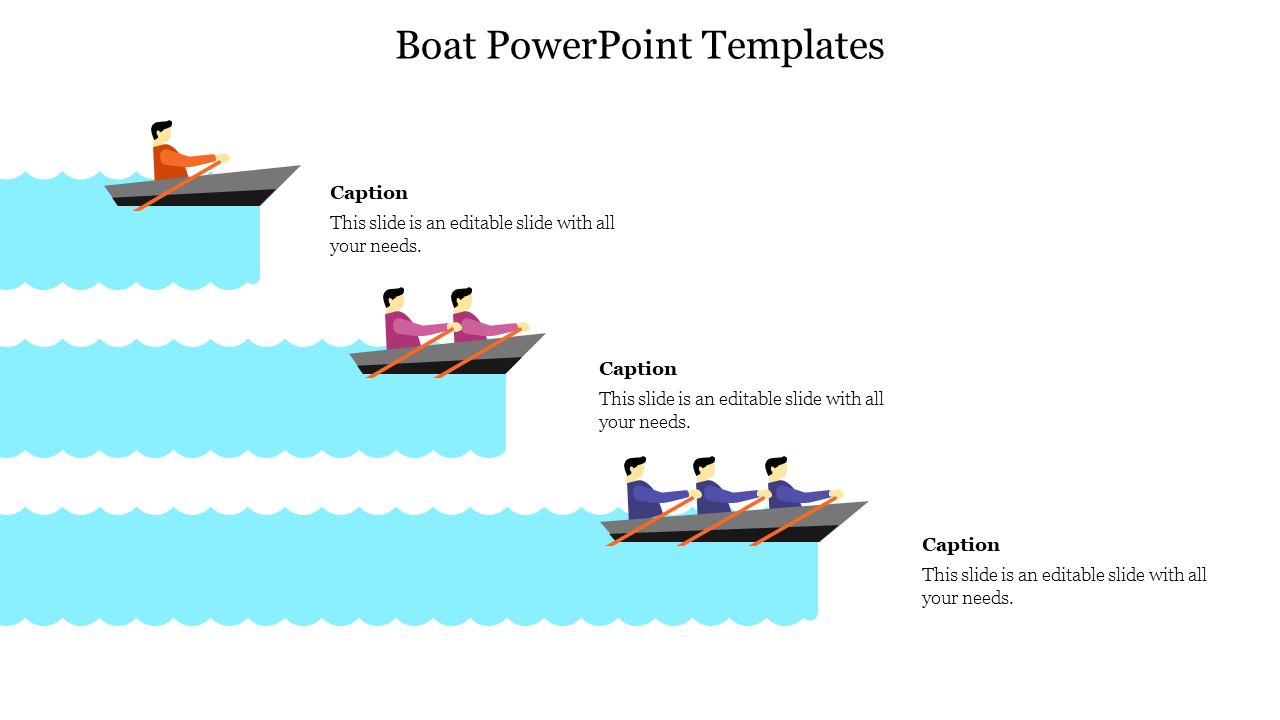 Boat PPT slide featuring colorful graphics of solo and group rowers on a bright blue background with caption text.