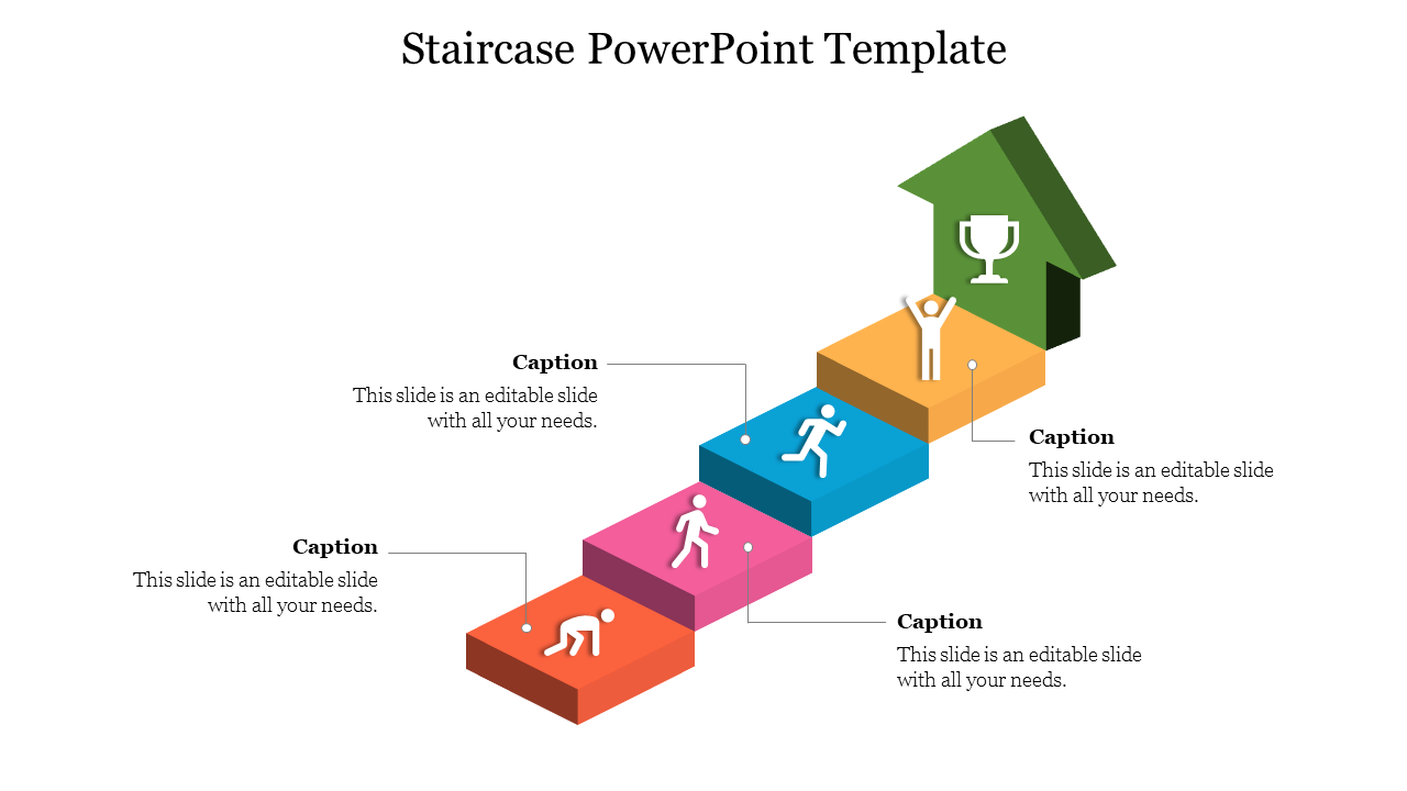 Five step colorful staircase with figures ascending toward a green arrow topped with a trophy icon.