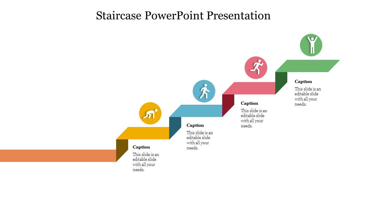 Staircase illustration with five steps in different colors, each containing an icon and text below.