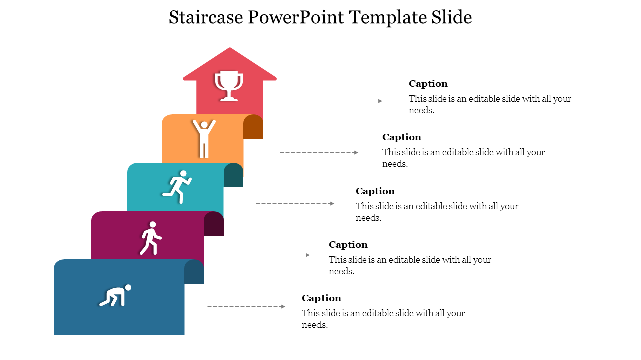 Five steps in blue, purple, teal, orange, and red with climbing figures, ending in a trophy icon, connected to captions.