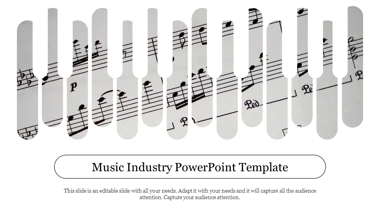 A template featuring a creative piano key pattern with musical notes and a caption area in the background.