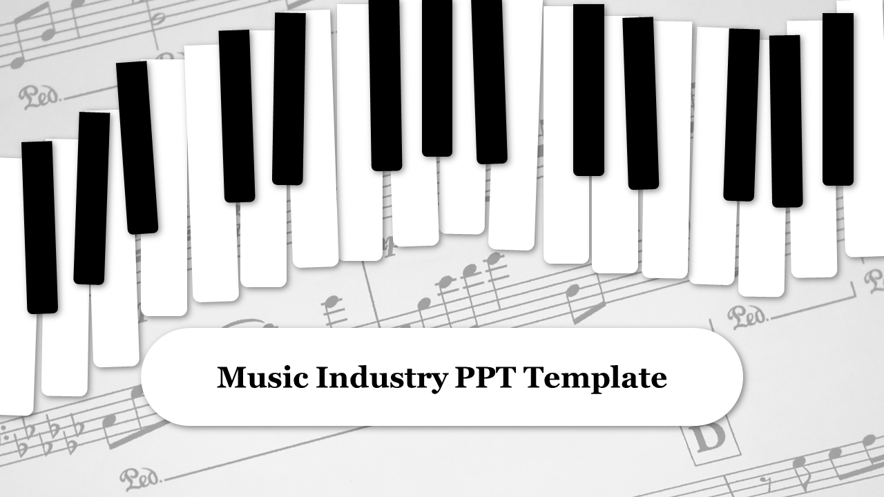 PowerPoint slide with piano keys background, showcasing a music industry theme.