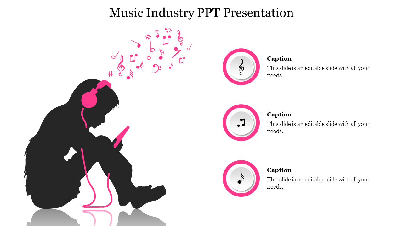 Silhouette of a person with headphones, listening to music with notes floating above, and captions on the right.