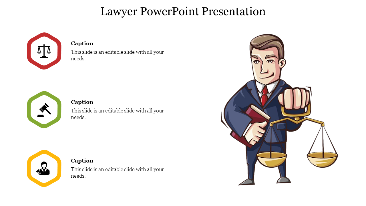 Illustration of a lawyer holding scales and a book, and three legal icons with captions on the left.