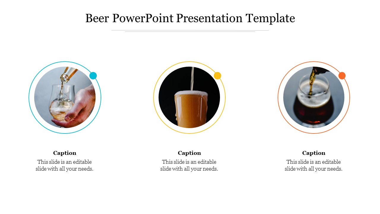 Beer presentation template with three images showing different types of beer pours in glasses with captions.