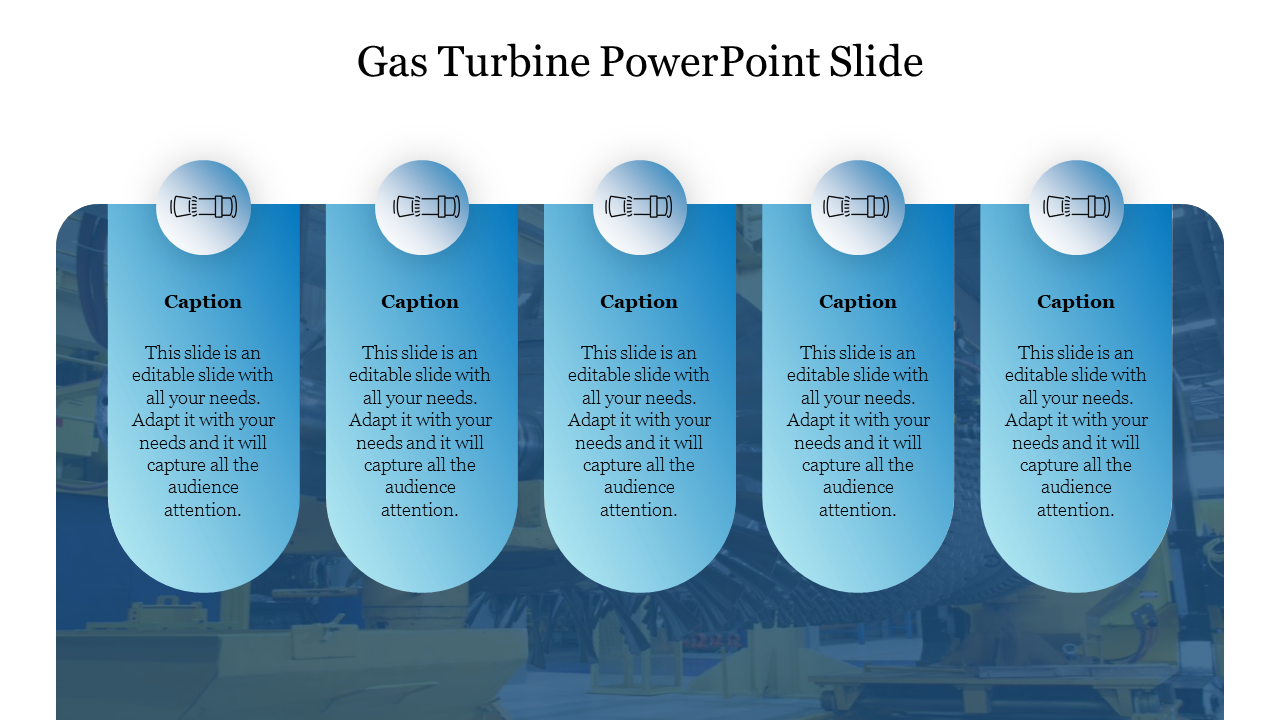 Gas turbine slide with five blue icons and caption areas placed vertically in a white background.