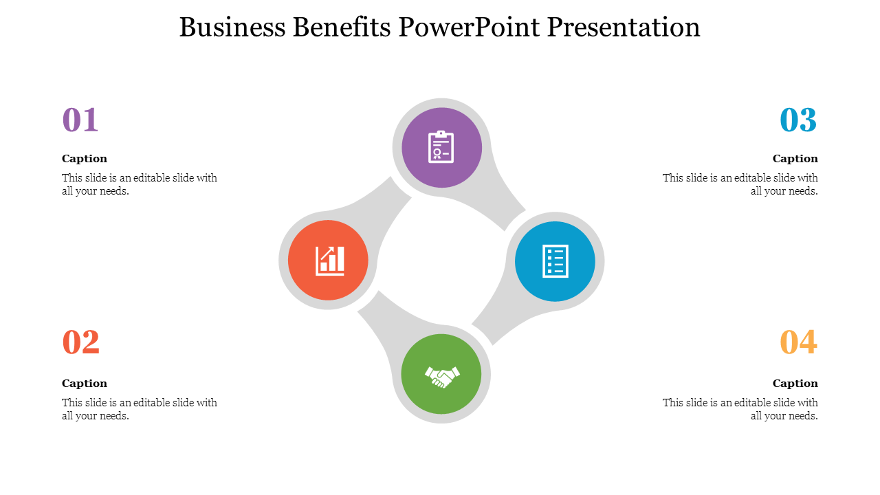 Slide showcasing business benefits with icons for growth, partnership, and planning, along with four numbered captions.