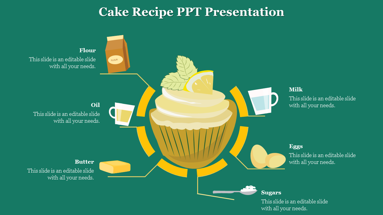 Illustration of a cupcake with lemon and mint garnish surrounded by six ingredients in icons, on a green background.