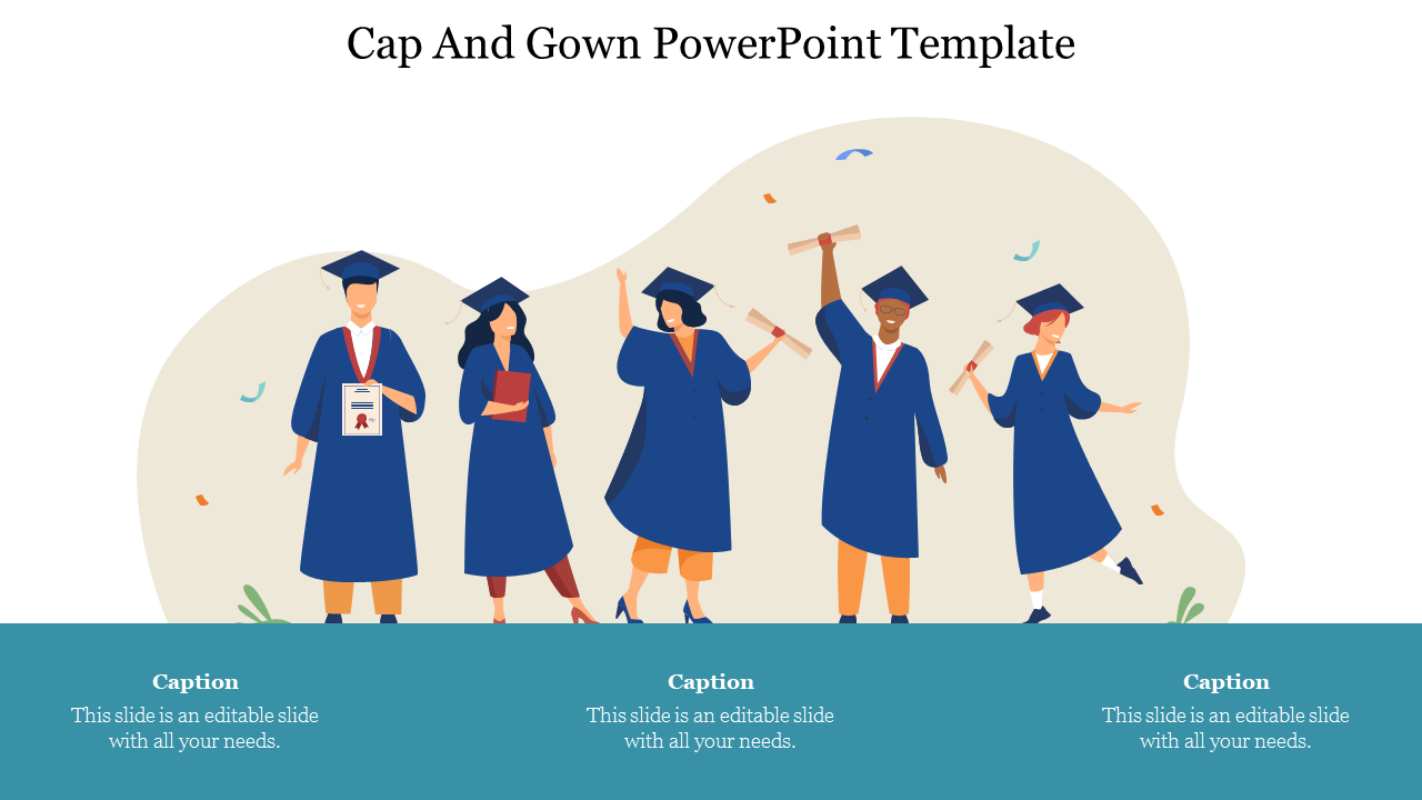 llustration of five graduates wearing blue caps and gowns, holding diplomas and celebrating, with placeholder text.