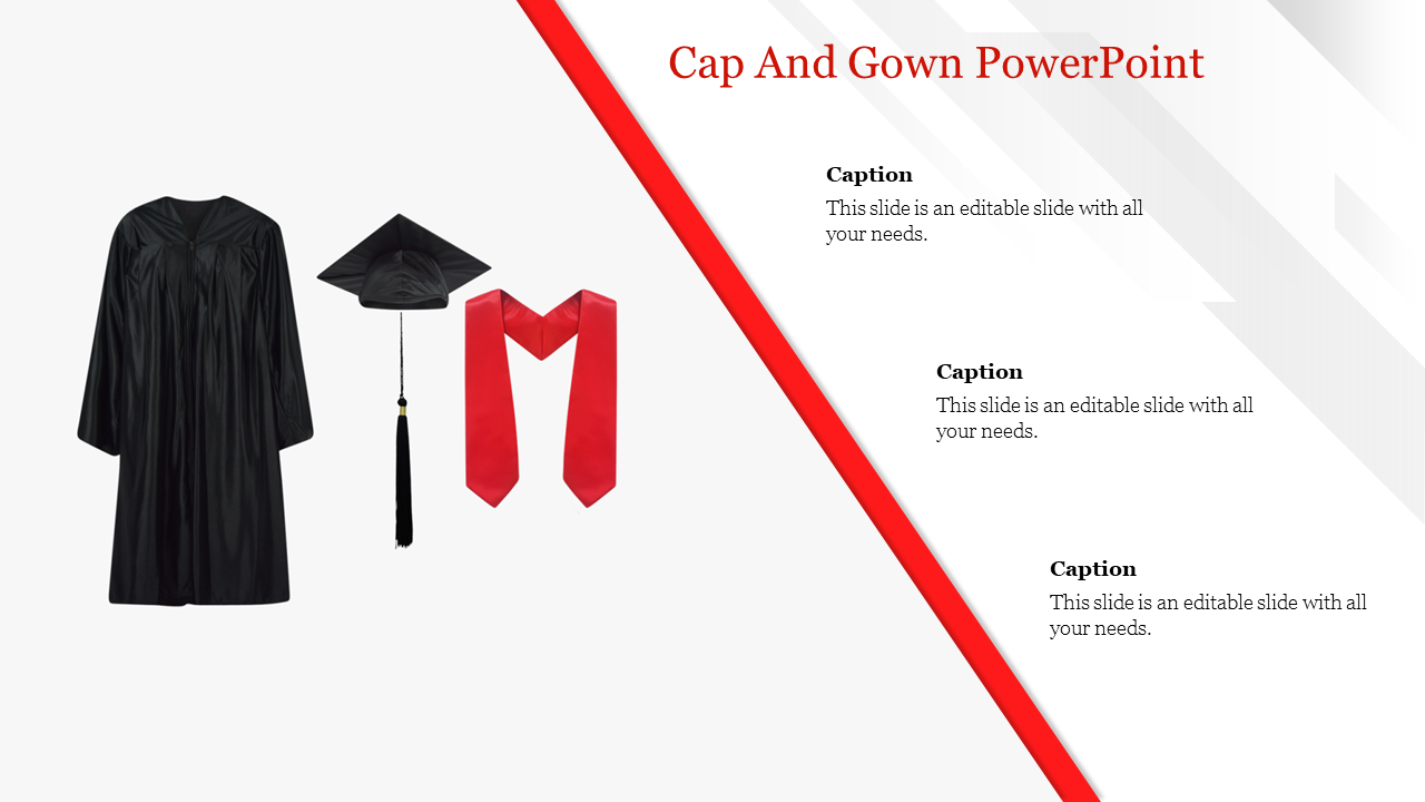 A black graduation gown and cap slide displayed alongside red honor cords with captions.