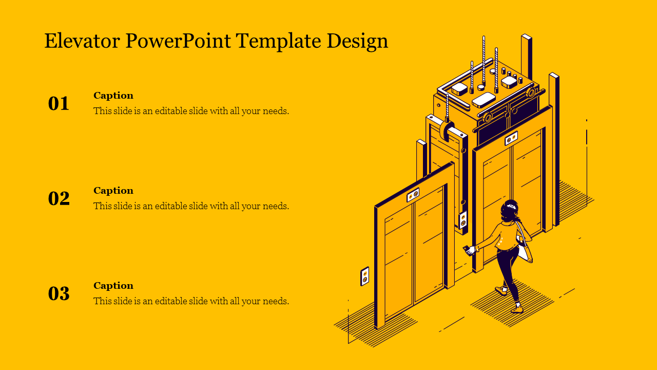 Isometric illustration of a person entering an elevator on a yellow background, with three numbered text on the left.