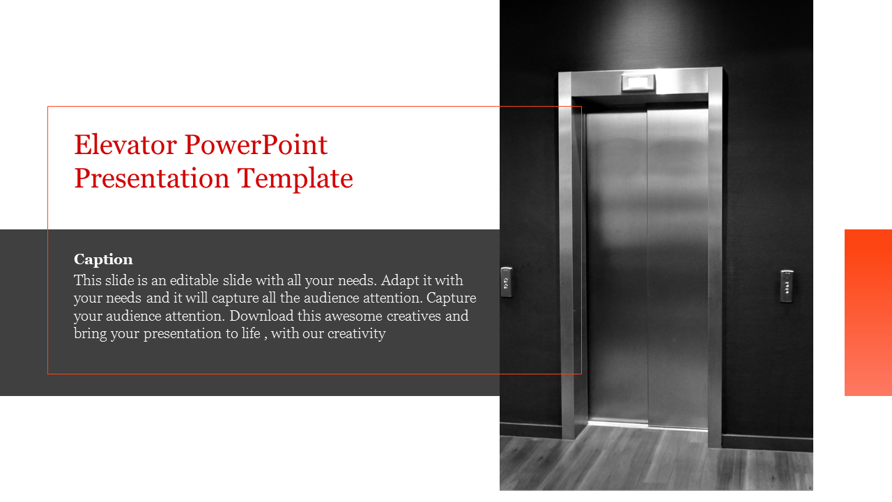 Slide with a black and white elevator photo and a dark gray text box with red border on the left.