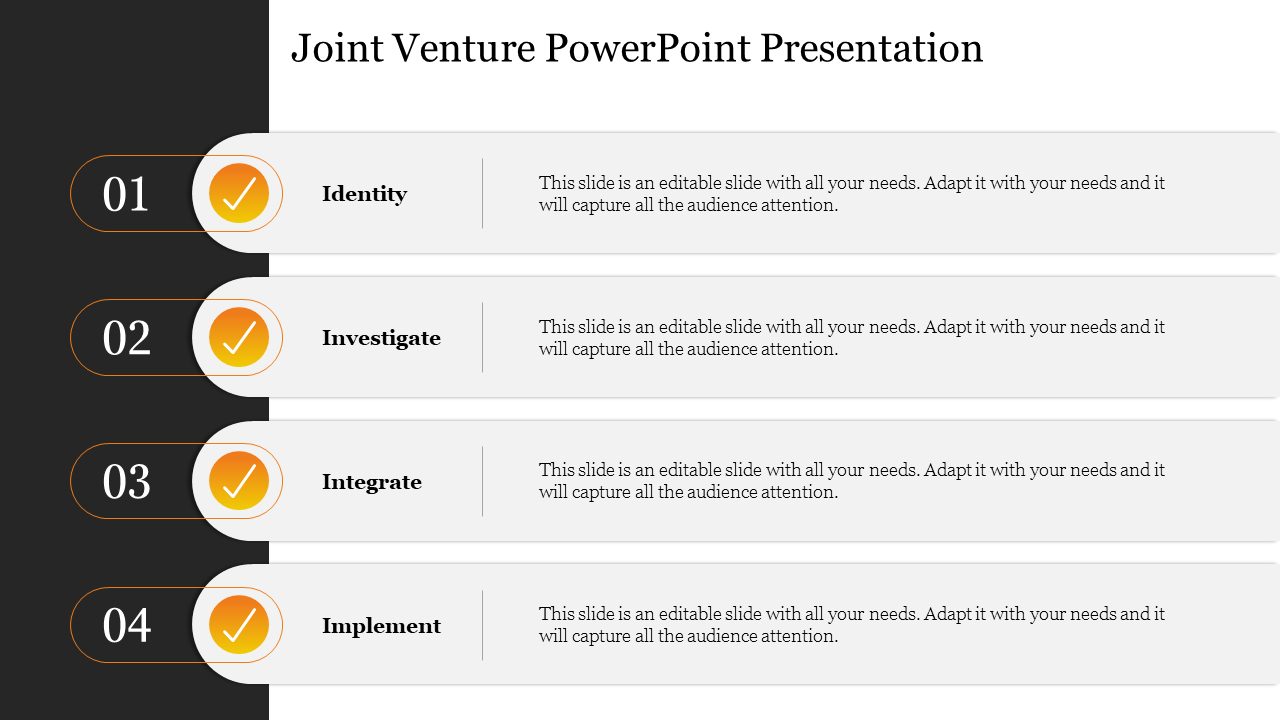 Four horizontal placeholder segments with numbered icons and checkmarks, listing key stages for joint venture.