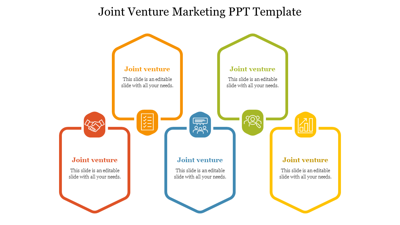 Slide featuring five hexagonal shapes with icons representing different aspects of joint venture marketing.