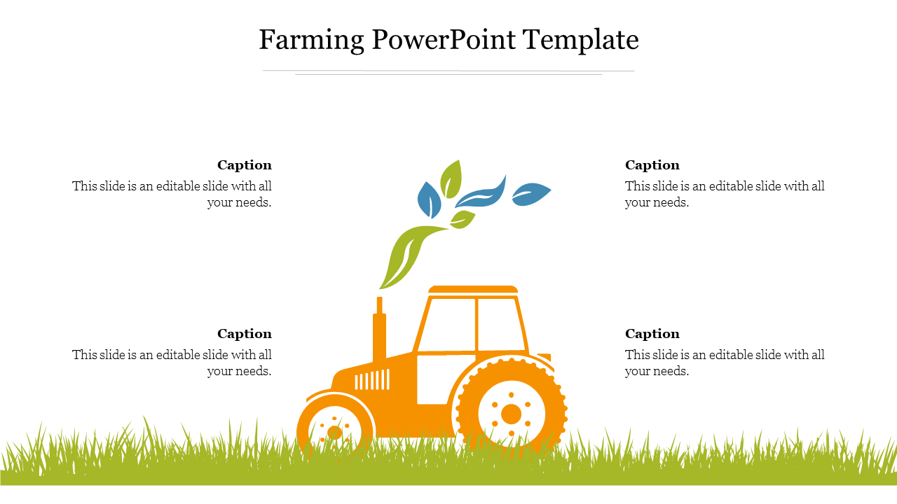 Minimalist farming-themed slide featuring an orange tractor on grass, with leaves floating above, and placeholders text.