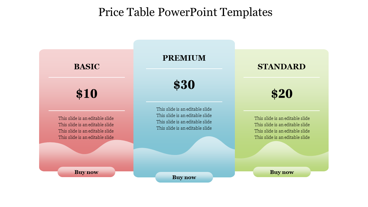 Price table showing basic, premium, and standard plans with respective pricing and buy now buttons at the bottom.