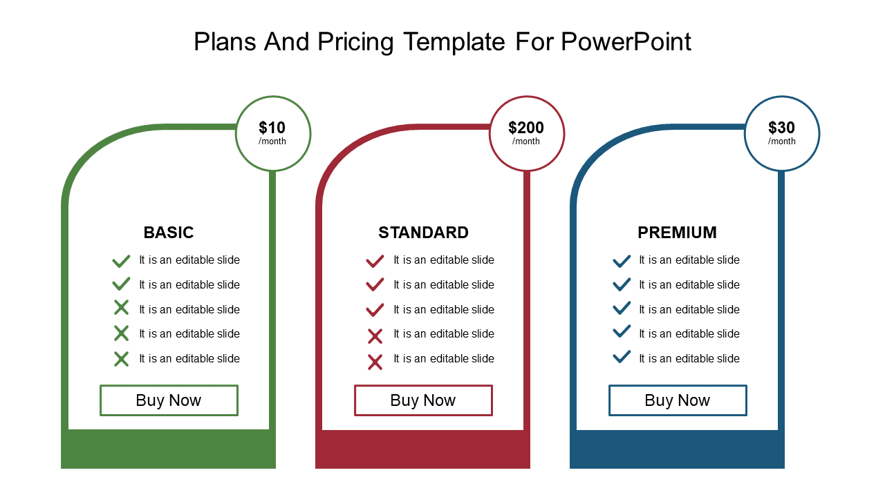 Three pricing options in green, red, and blue, with corresponding features, prices, and buy now buttons at the bottom.