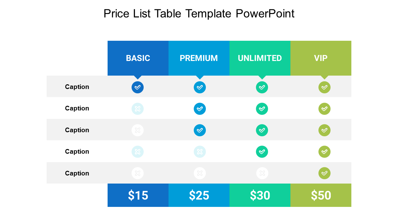 A pricing table with navy, blue, teal, and green columns, featuring circular checkmarks with prices in colored boxes below.