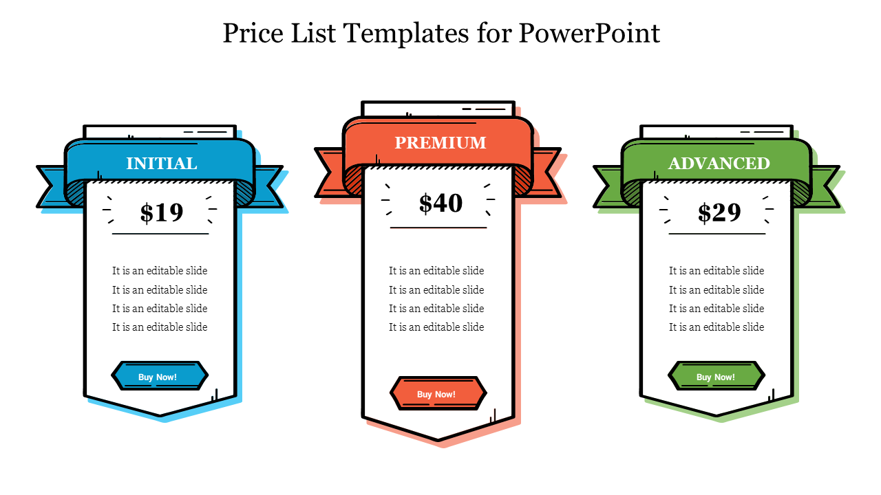 Slide featuring three price lists with plans and colorful text boxes with captions.