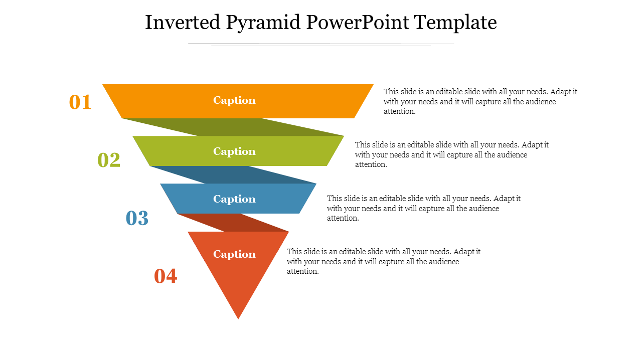 Inverted pyramid slide with four colorful layers labeled with captions and text areas on the right.